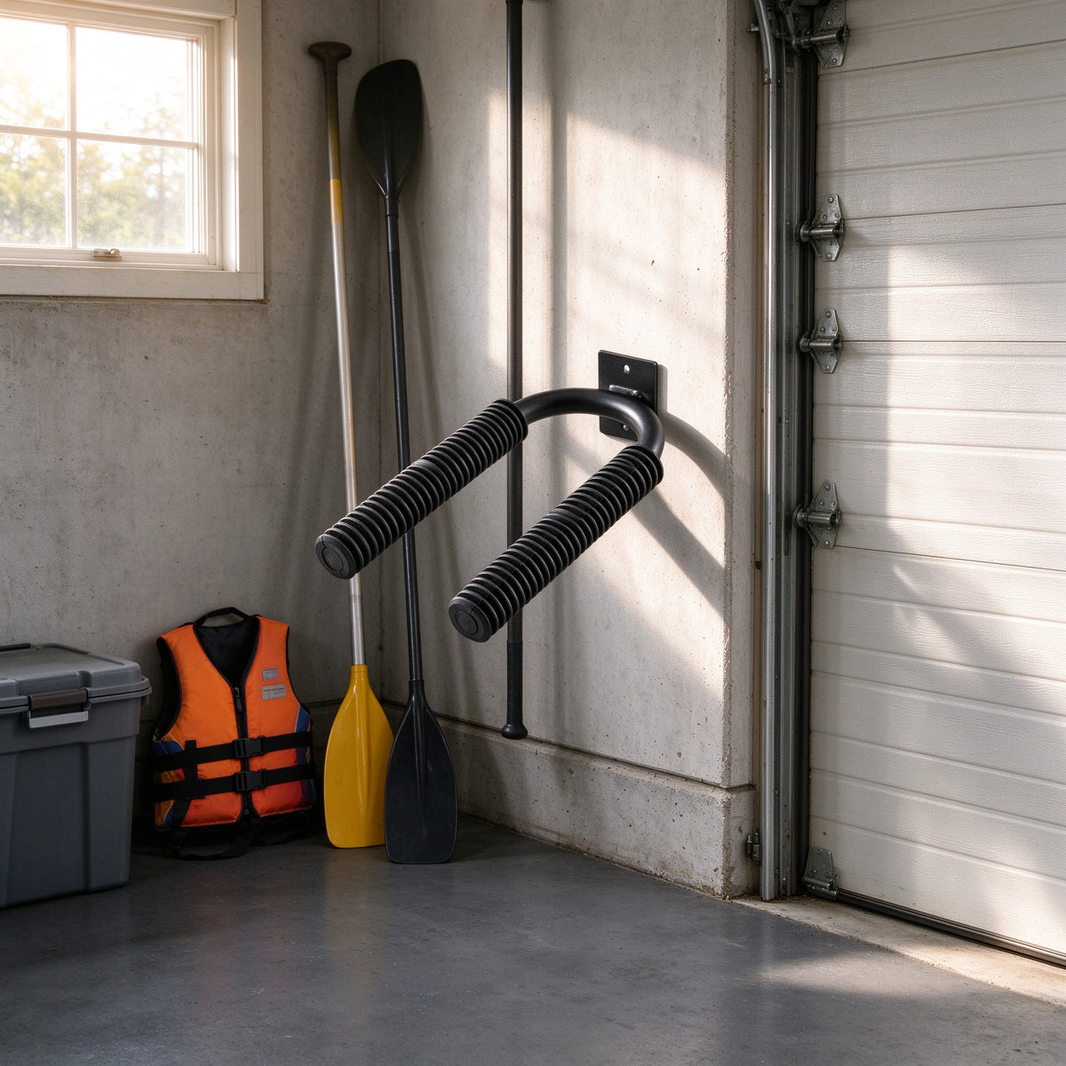 Black paddle wall rack mounted on a concrete garage wall beside paddles and a life vest