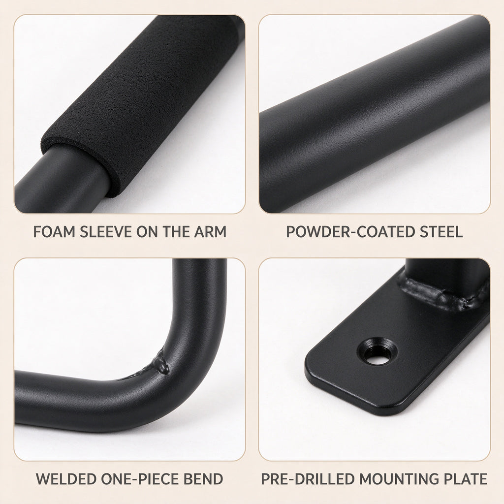 Close-up details of the kayak wall hook: foam sleeve, powder-coated steel, welded bend, pre-drilled mounting plate