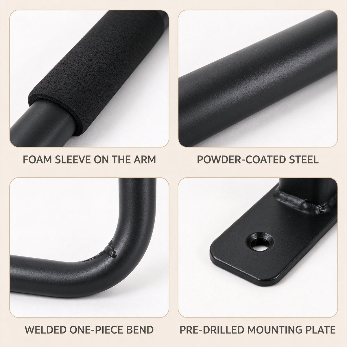 Close-up details of the kayak wall hook: foam sleeve, powder-coated steel, welded bend, pre-drilled mounting plate