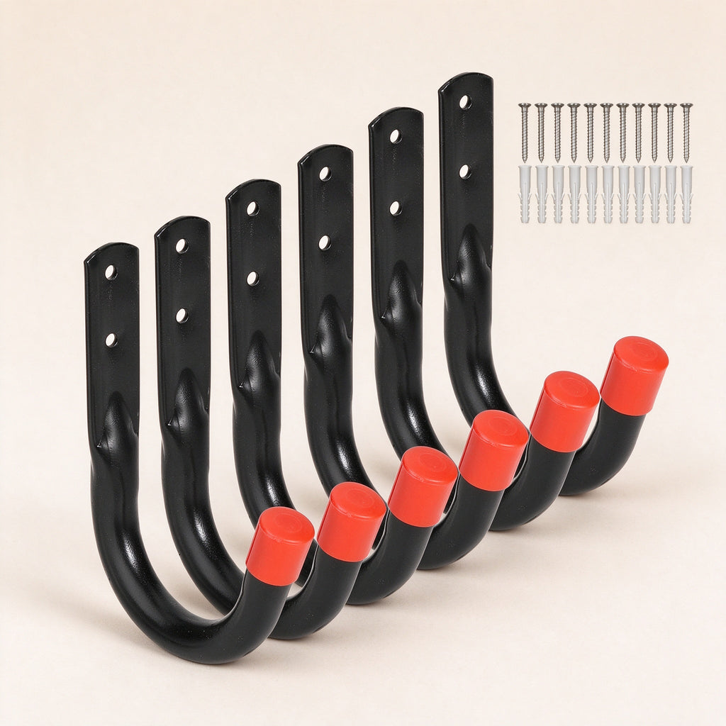 Six black powder-coated steel J wall hooks with red PVC tip caps, laid side by side with mounting screws and wall anchors