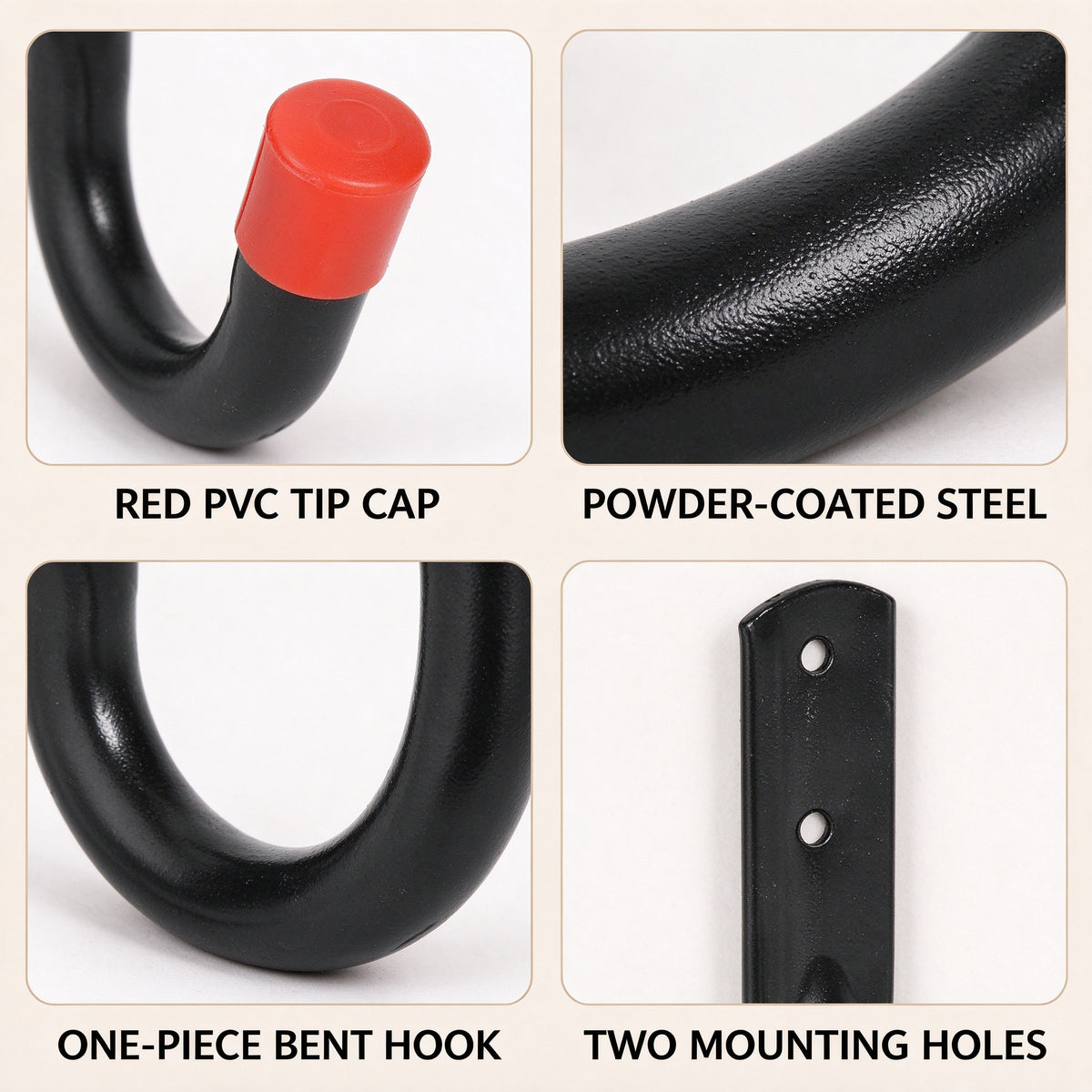 Four close up views showing the red PVC tip cap, the powder-coated steel surface, the one-piece bent hook and the two mounting holes