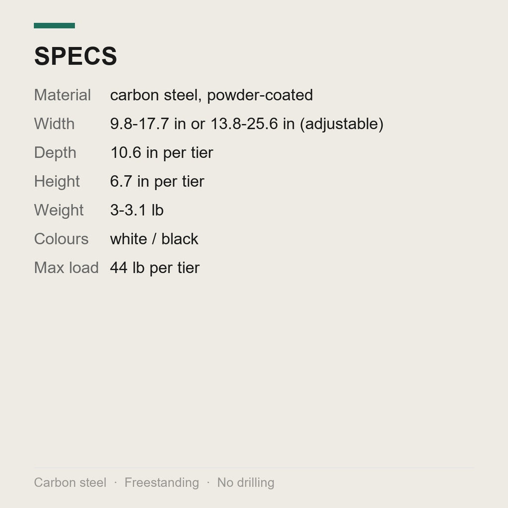 Specifications: carbon steel, 10.6 in deep, 6.7 in high per tier