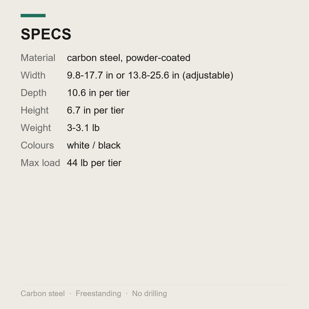Specifications: carbon steel, 10.6 in deep, 6.7 in high per tier