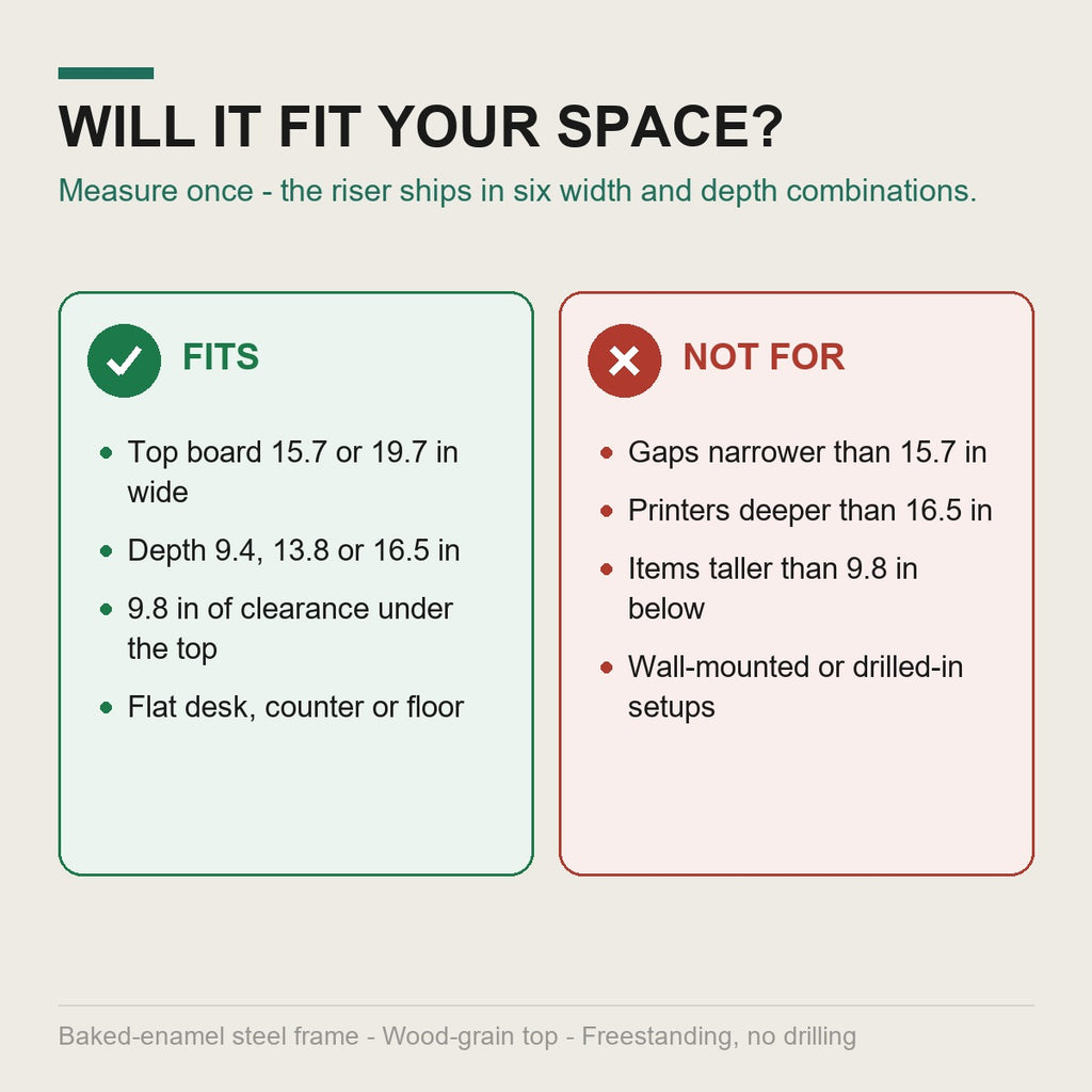 Fits and not-for guide for desk riser width, depth and clearance
