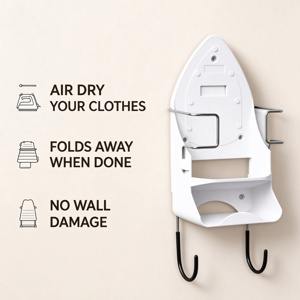 Three benefit callouts: air dry your clothes, folds away when done, no wall damage