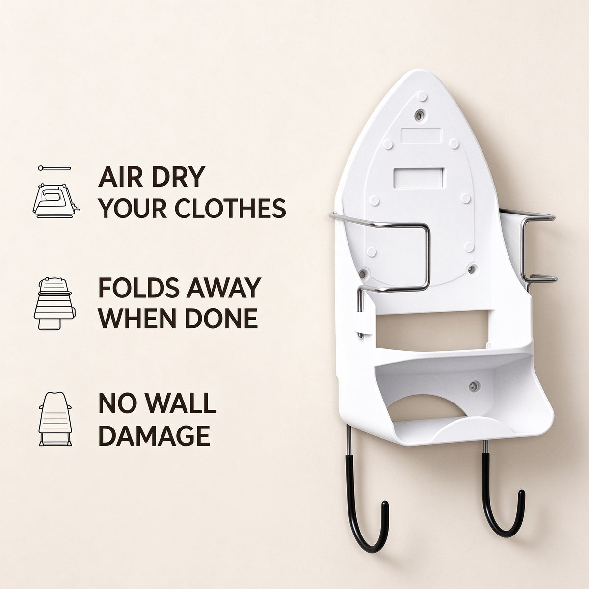 Three benefit callouts: air dry your clothes, folds away when done, no wall damage