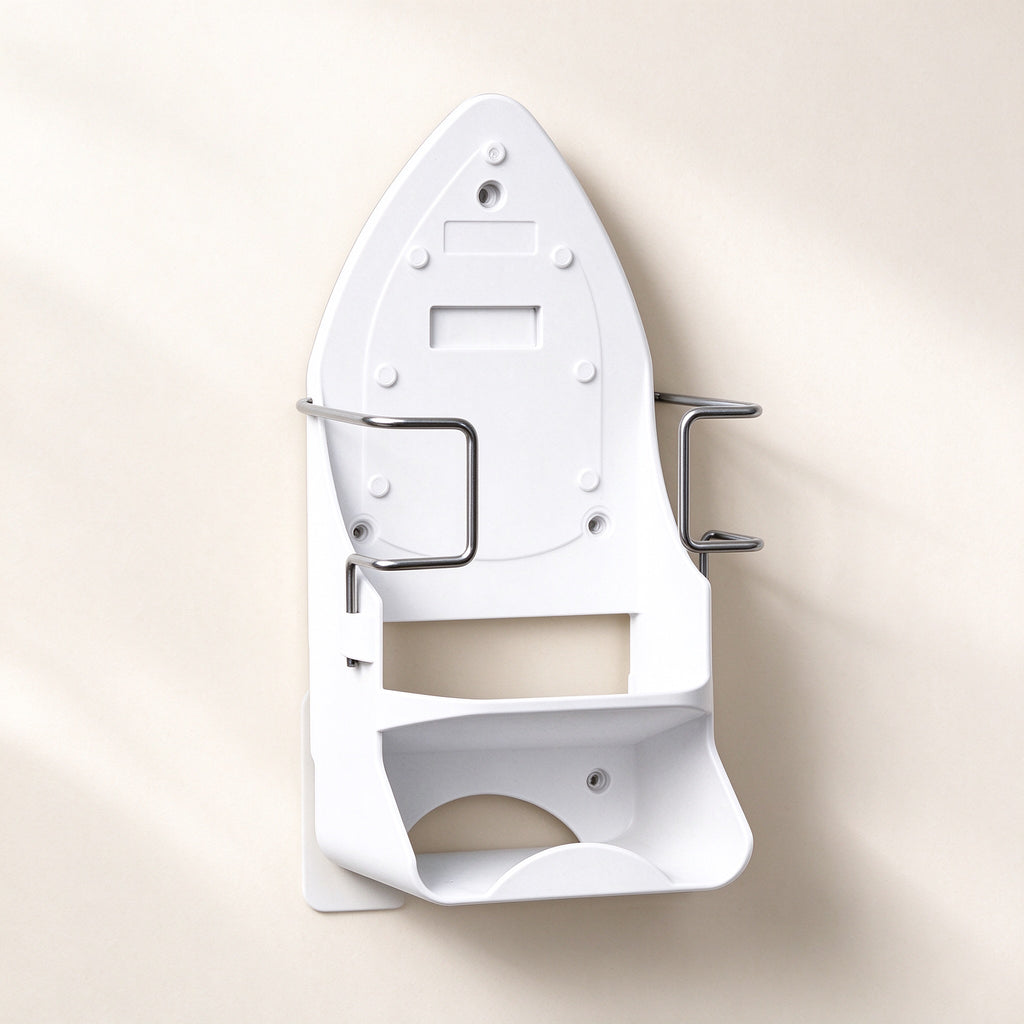 Ironing board and iron wall holder in black or white, mounted on a wall