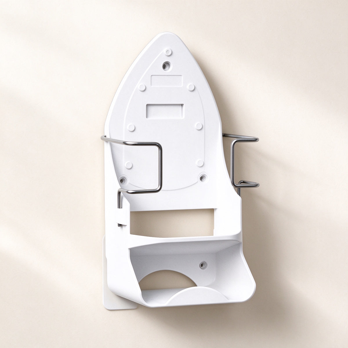 Ironing board and iron wall holder in black or white, mounted on a wall