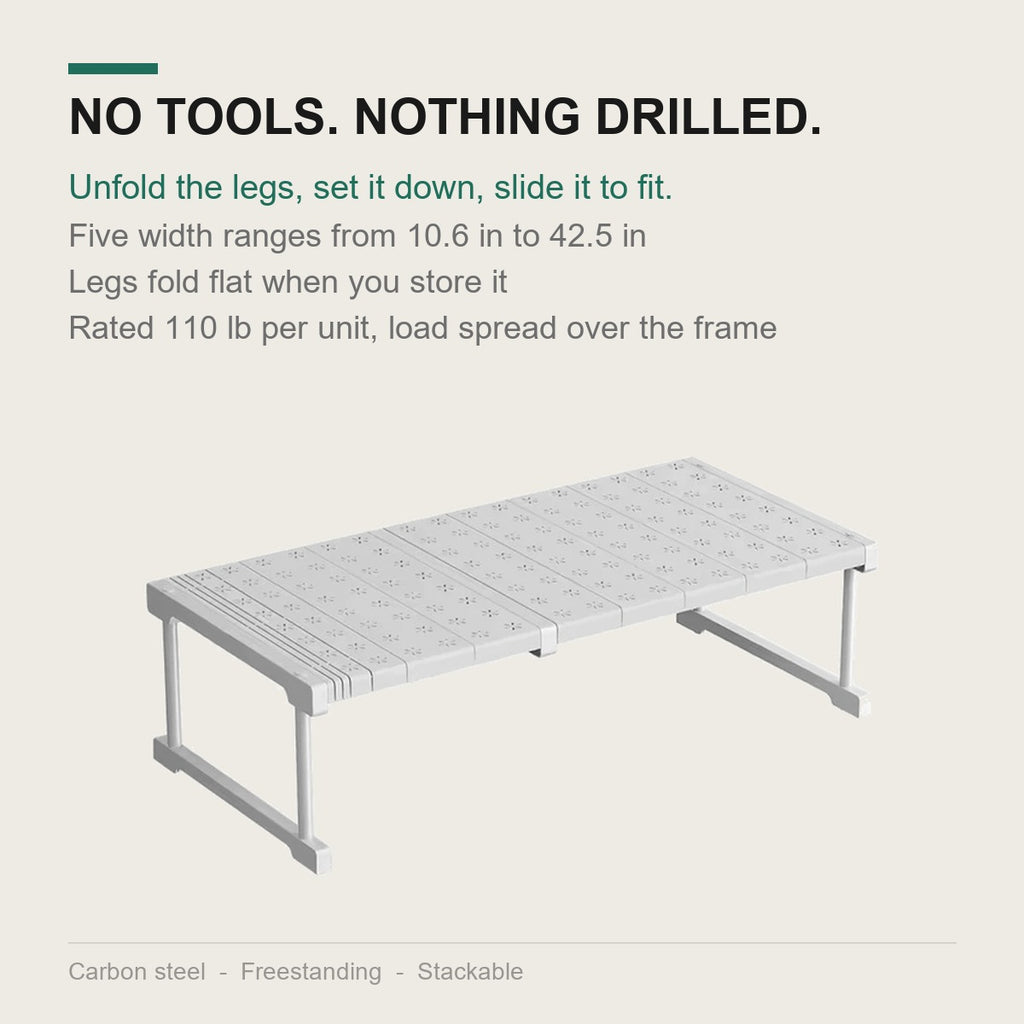 Folding legs unfold on the shelf - nothing is bolted or drilled