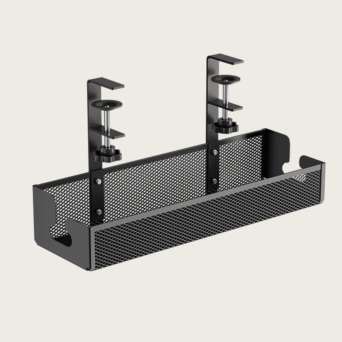 Under-desk cable tray in black powder-coated steel mesh