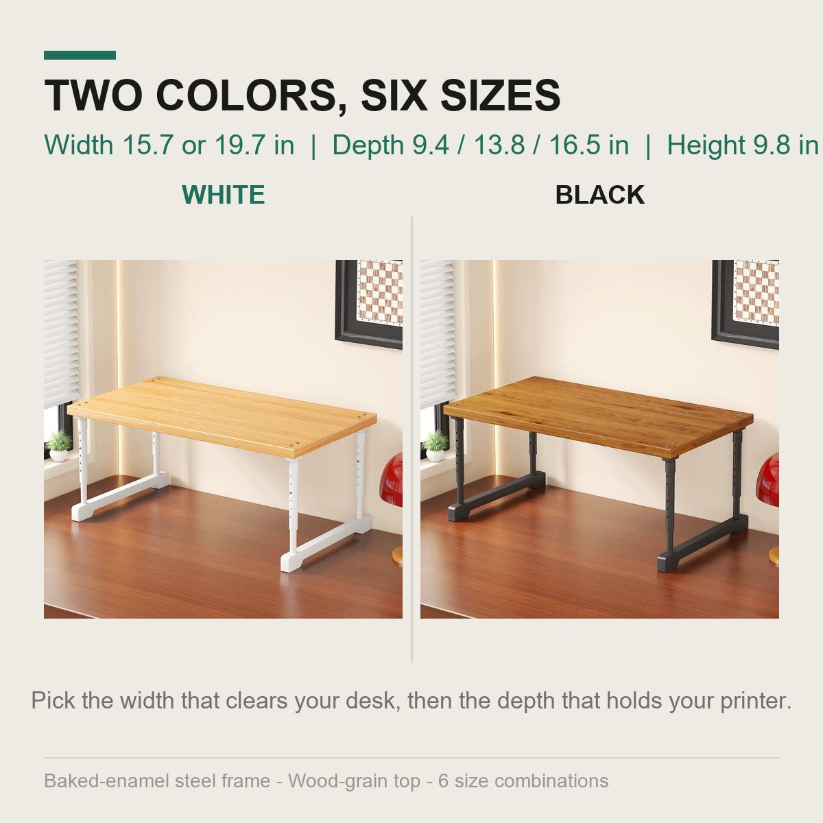 The desk riser in white and black frames - six width and depth combinations