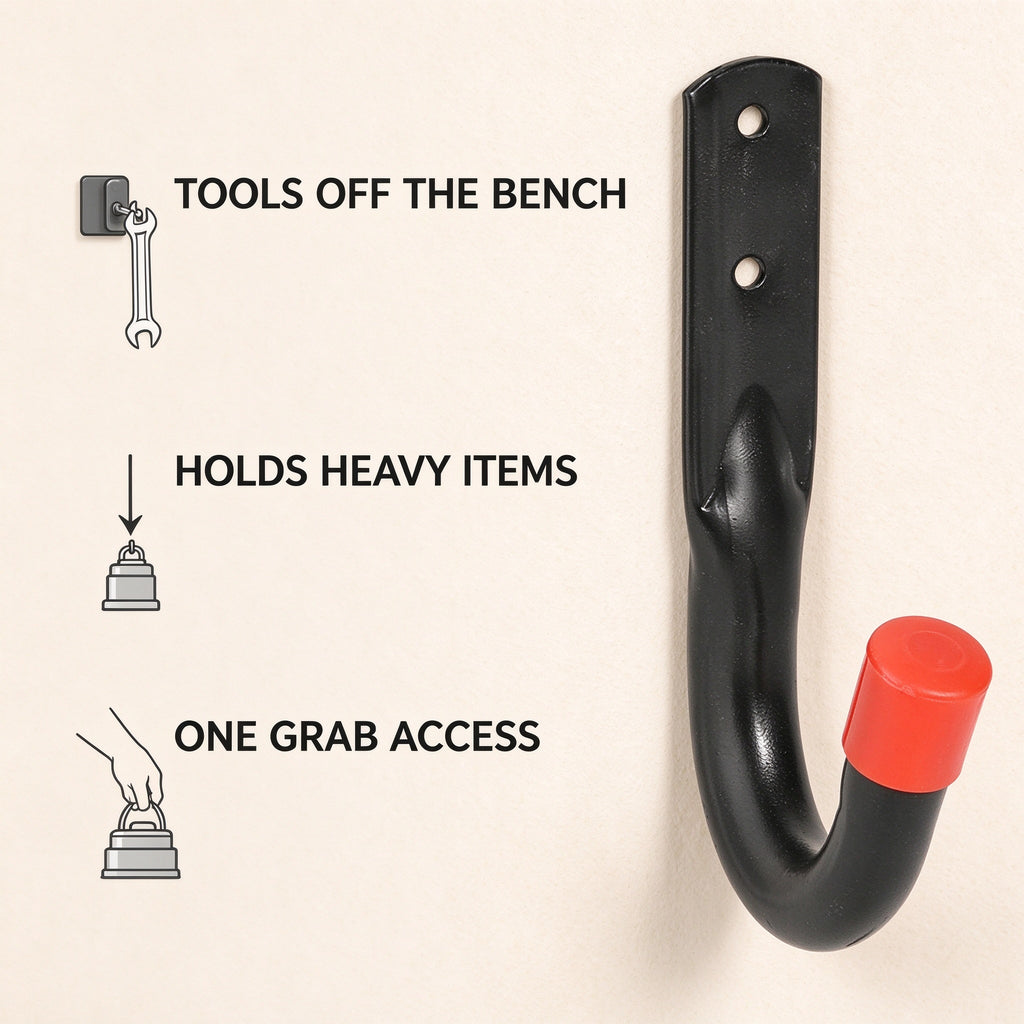 Black J wall hook shown large on a light background with icon callouts for tools off the bench, holding heavy items and one grab access