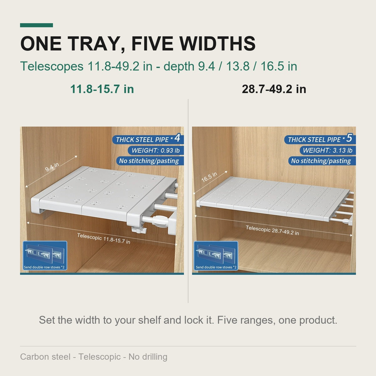 Width comparison: 11.8-15.7 in compact against 28.7-49.2 in extended
