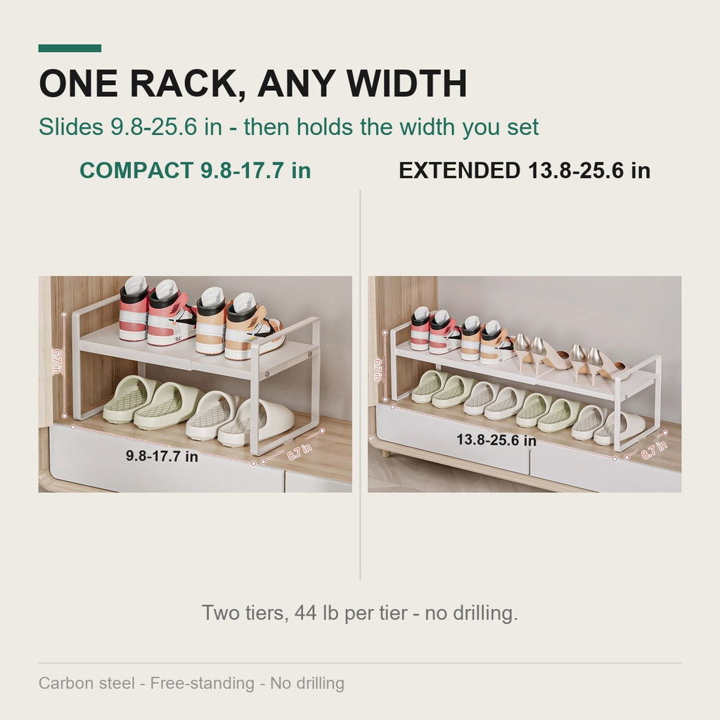 Width comparison: 9.8-17.7 in compact and 13.8-25.6 in extended