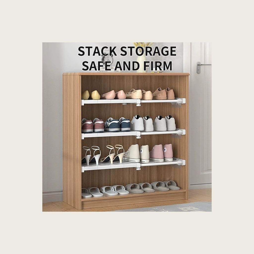 The trays in a shoe cabinet, one resting on each shelf