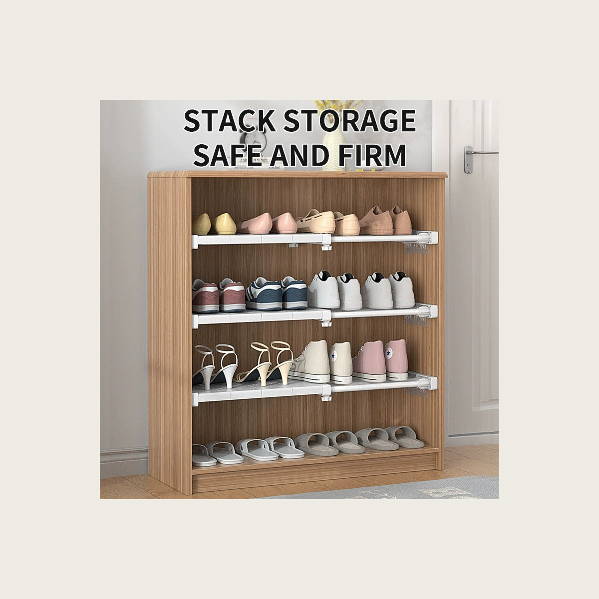 The trays in a shoe cabinet, one resting on each shelf