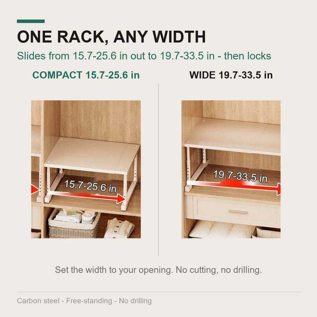 Width comparison: 15.7-25.6 in compact and 19.7-33.5 in extended