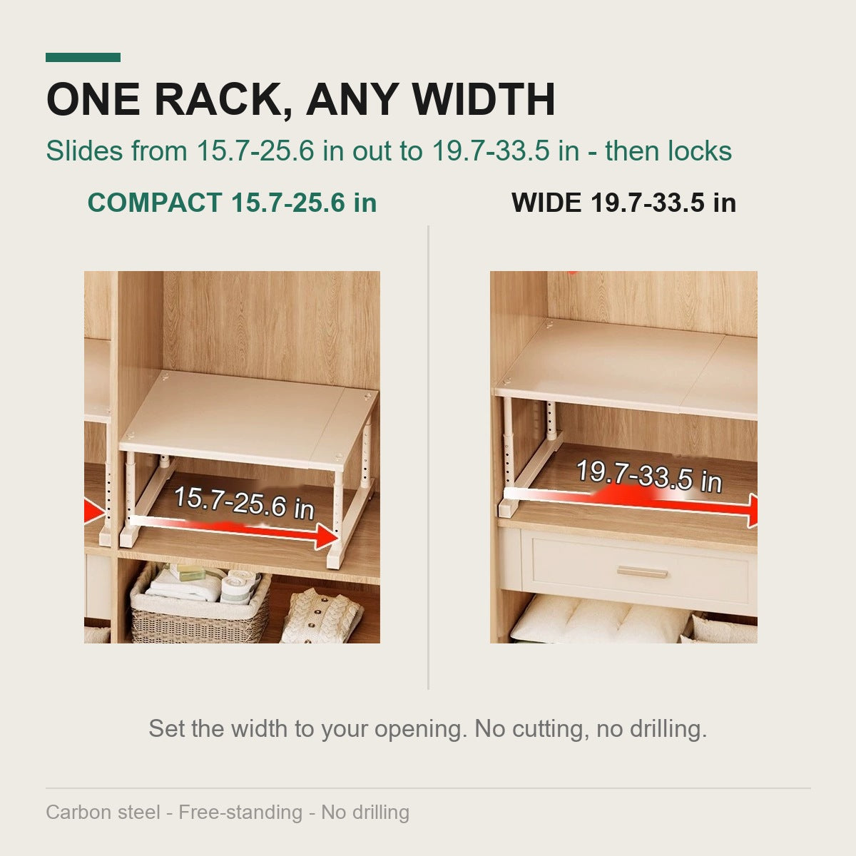 Width comparison: 15.7-25.6 in compact and 19.7-33.5 in extended