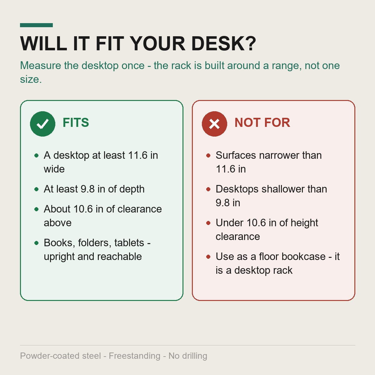 Fits desktops 11.6-19.1 in wide and 9.8 in deep with 10.6 in clearance