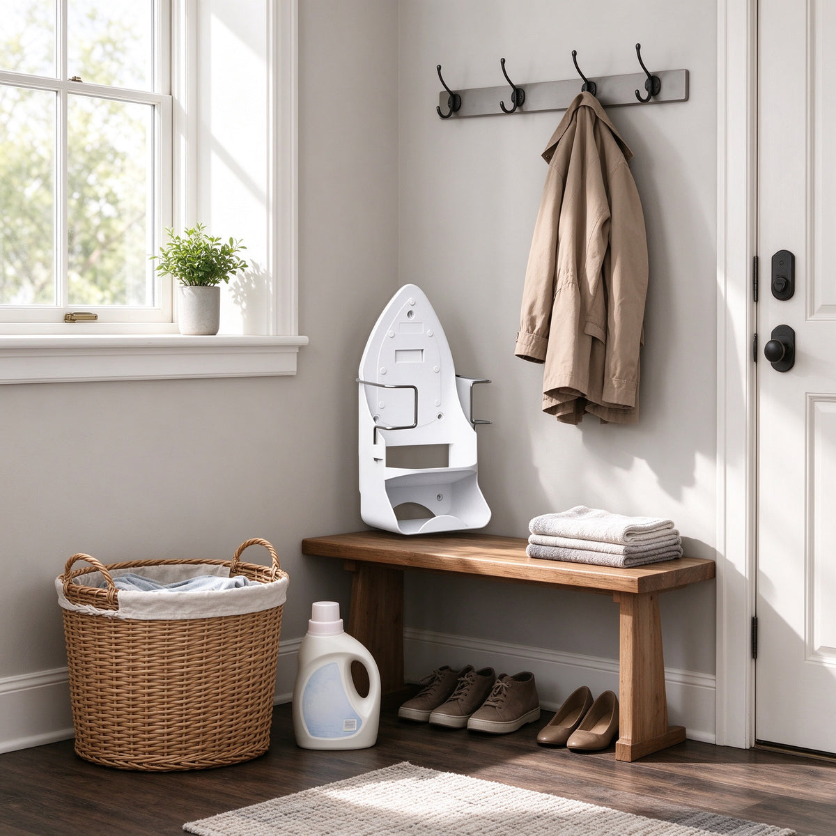 Wall mounted ironing board holder in a closet