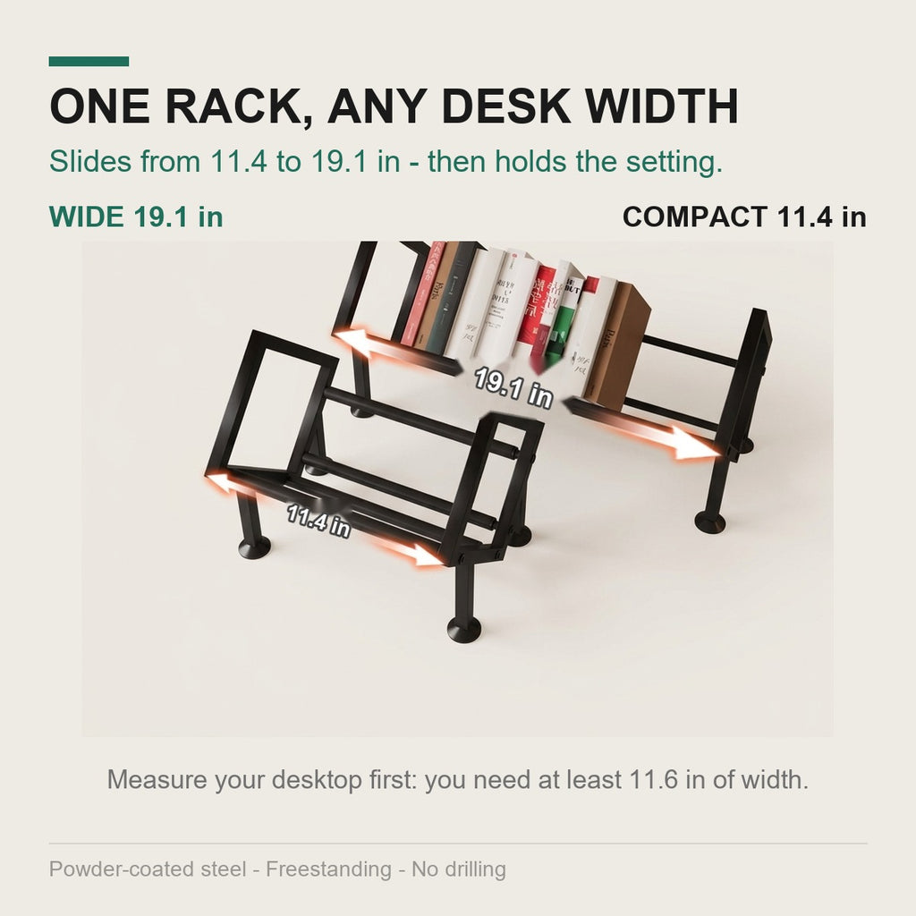 Book rack sliding from 11.4 in compact to 19.1 in wide