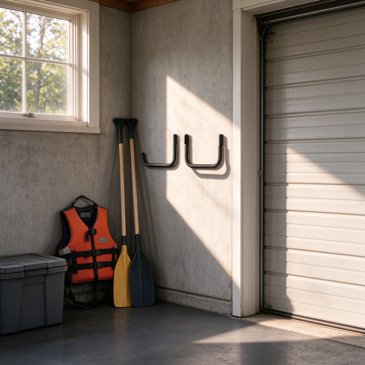 Two black kayak wall hooks mounted on a concrete garage wall above paddles and a life vest