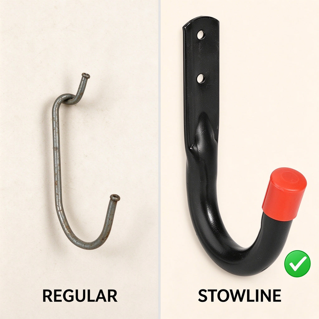 Side by side comparison of a plain worn steel hook and a black powder-coated J hook with red PVC tip cap