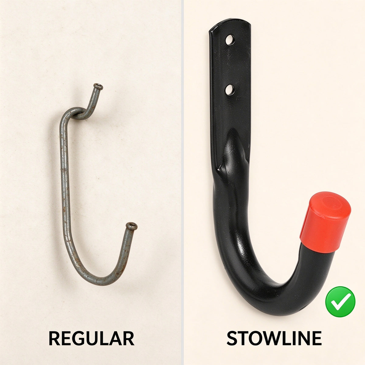 Side by side comparison of a plain worn steel hook and a black powder-coated J hook with red PVC tip cap
