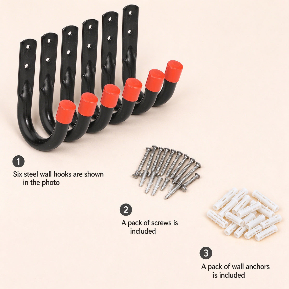 Six steel J hooks with red tips, a pack of screws and a pack of white wall anchors laid out on a light background