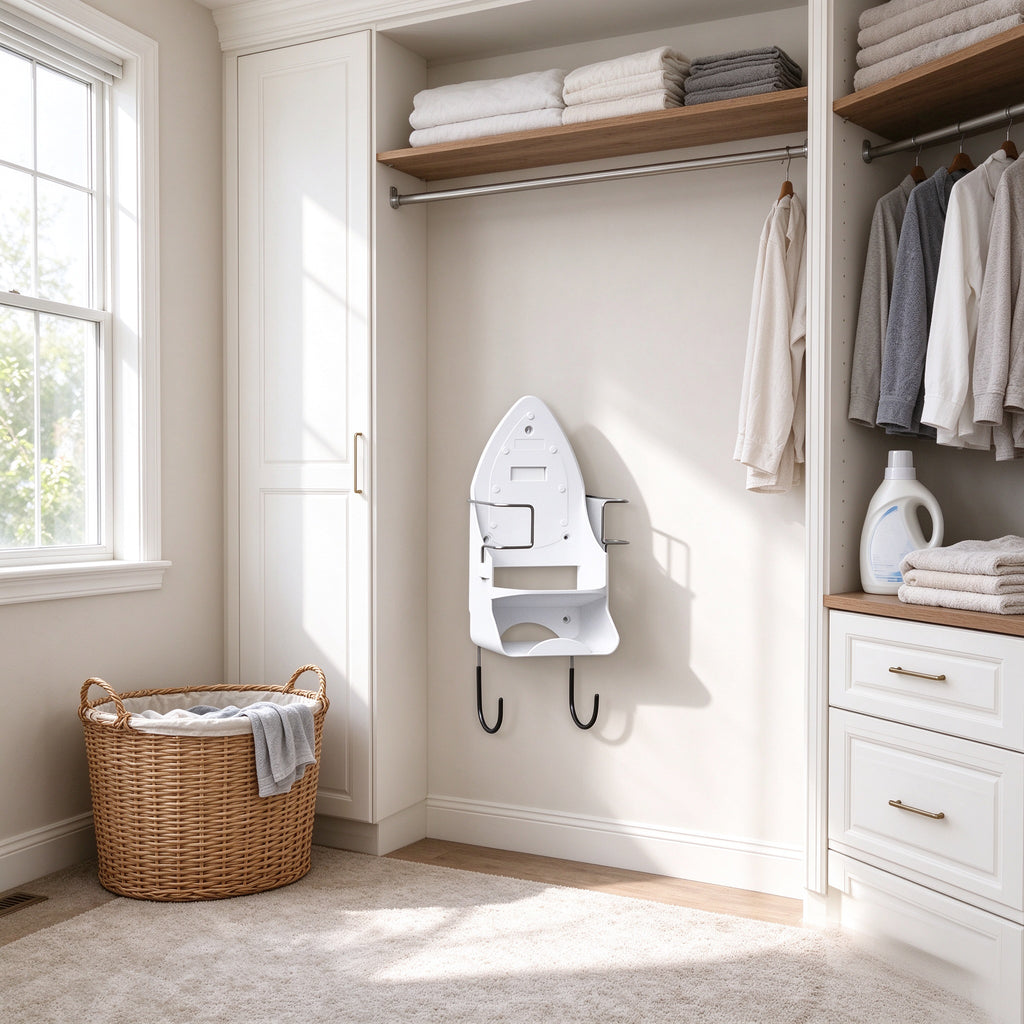 Ironing board stored on the wall holder with the iron resting in the tray