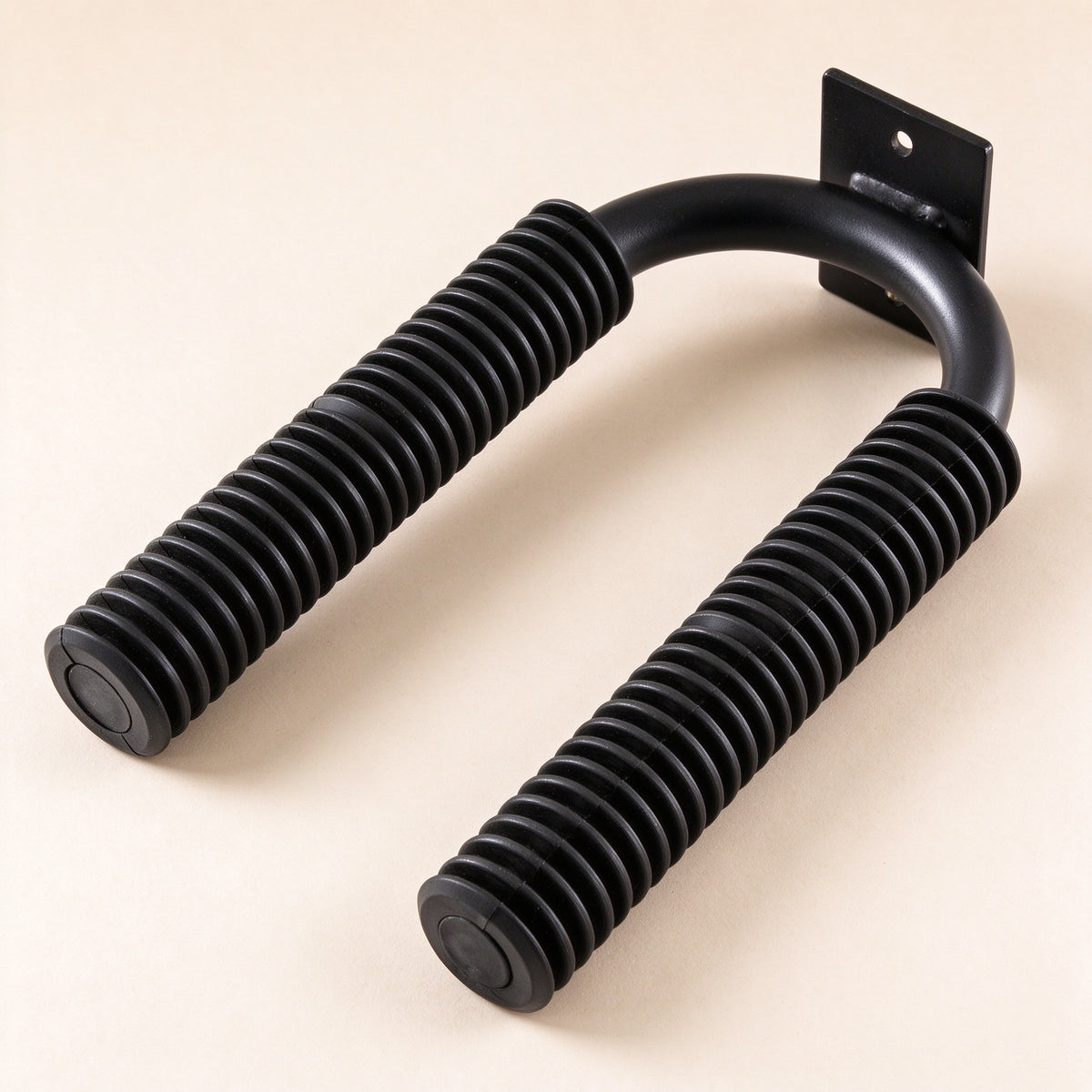 Single black U-shaped paddle wall rack with ribbed rubber sleeves on both arms, product only on a cream background