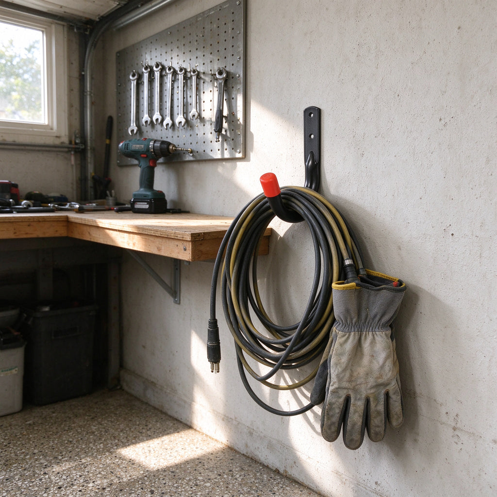 Black J wall hook mounted on a concrete garage wall holding a coiled garden hose and a pair of work gloves beside a pegboard