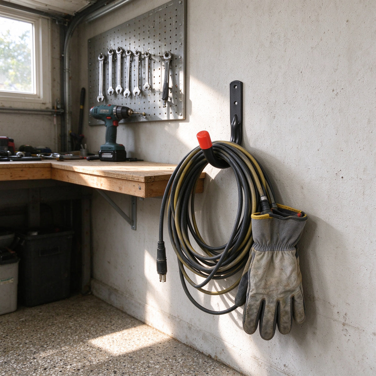 Black J wall hook mounted on a concrete garage wall holding a coiled garden hose and a pair of work gloves beside a pegboard