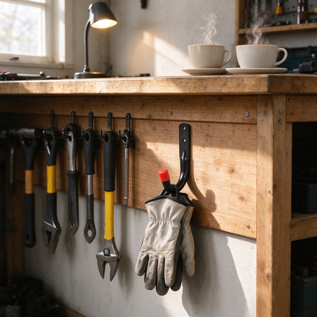 Black J wall hook with red tip cap holding work gloves on a wooden workshop bench panel beside hanging wrenches and a drill