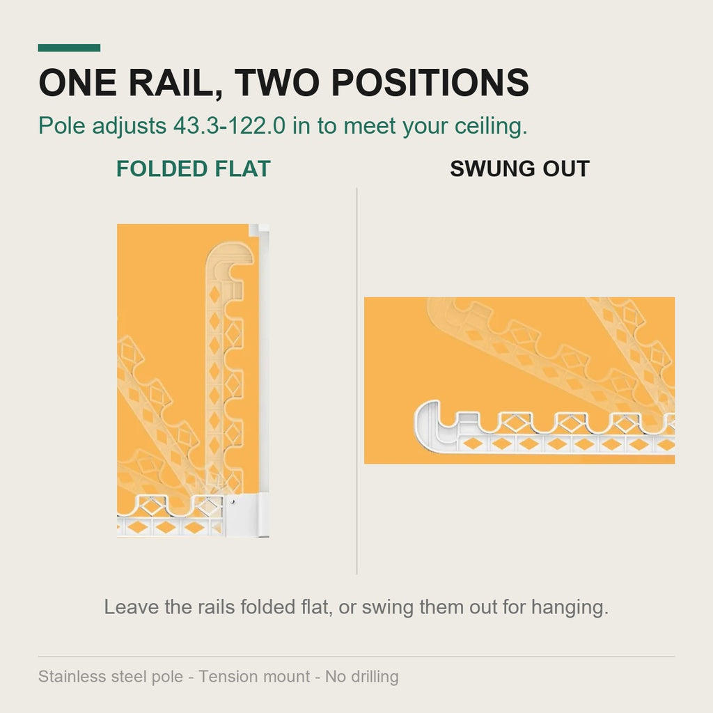 The rail folded flat against the pole and swung out for hanging