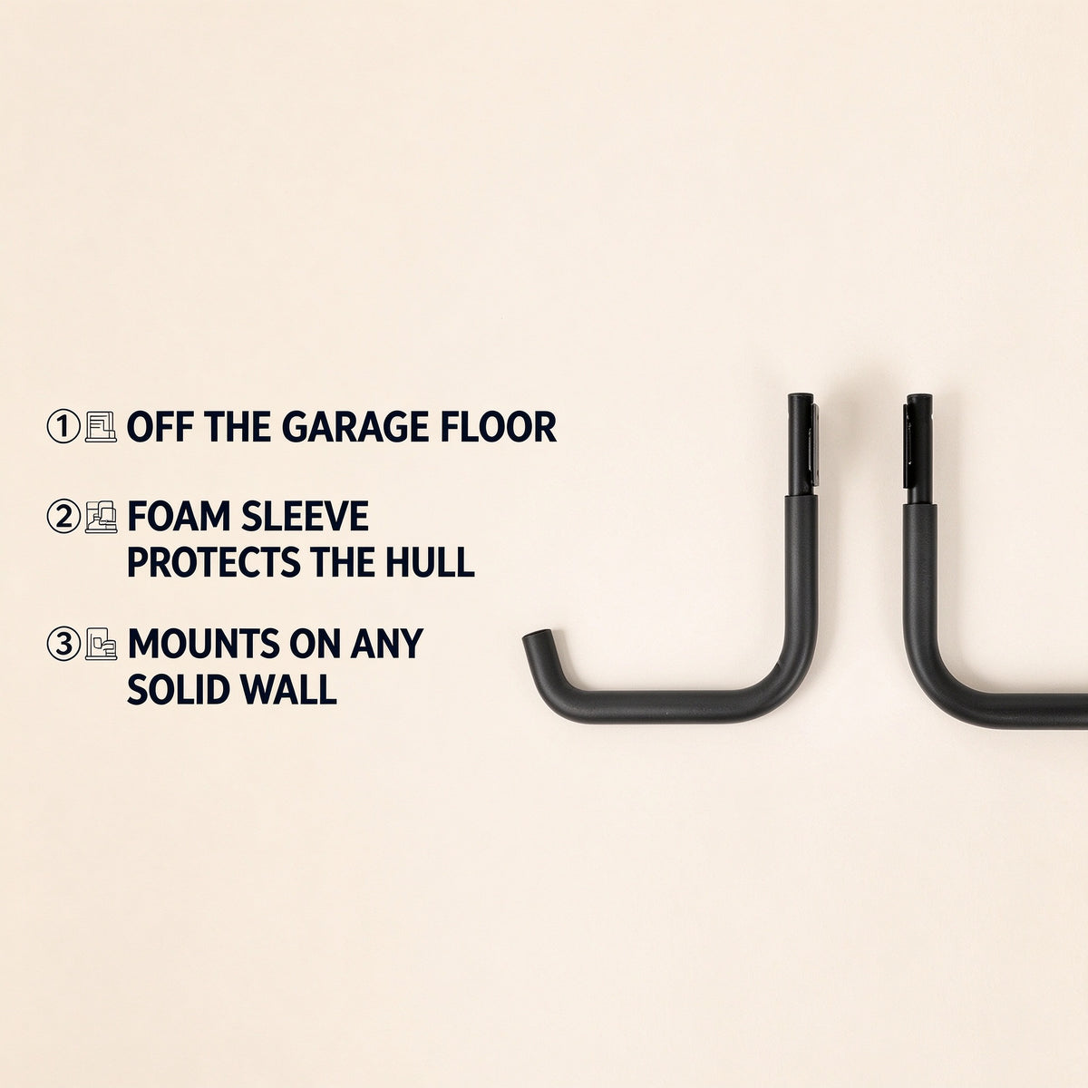 Kayak wall hook benefits: keeps hulls off the garage floor, foam sleeve protects the hull, mounts on any solid wall