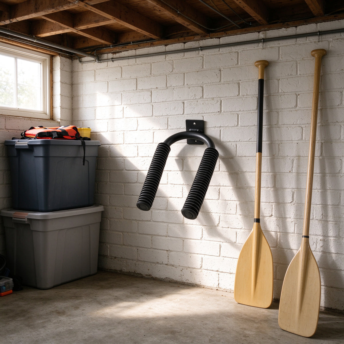 Black paddle wall rack mounted on a white painted basement brick wall