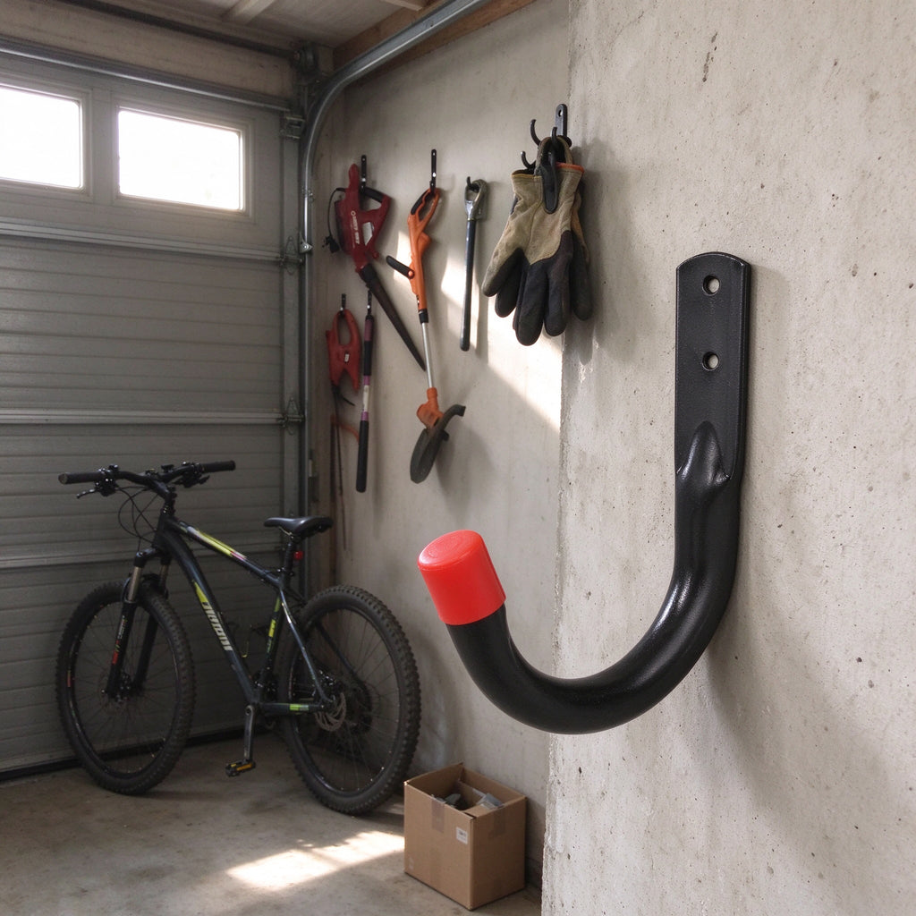 Black J wall hook with red tip cap mounted on a concrete garage wall next to a bicycle and a row of hanging garden hand tools