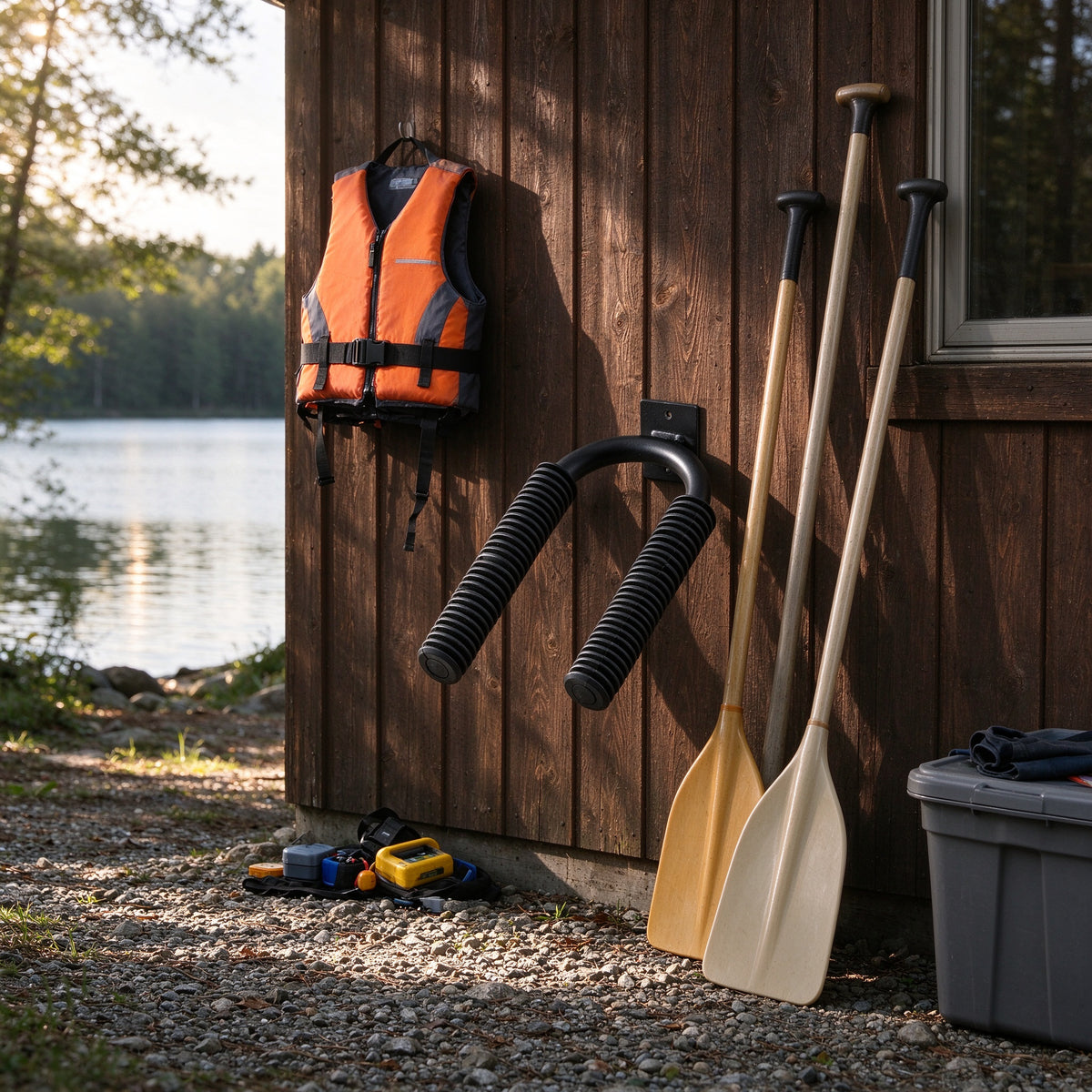 Black paddle wall rack mounted on the wooden wall of a cabin by a lake
