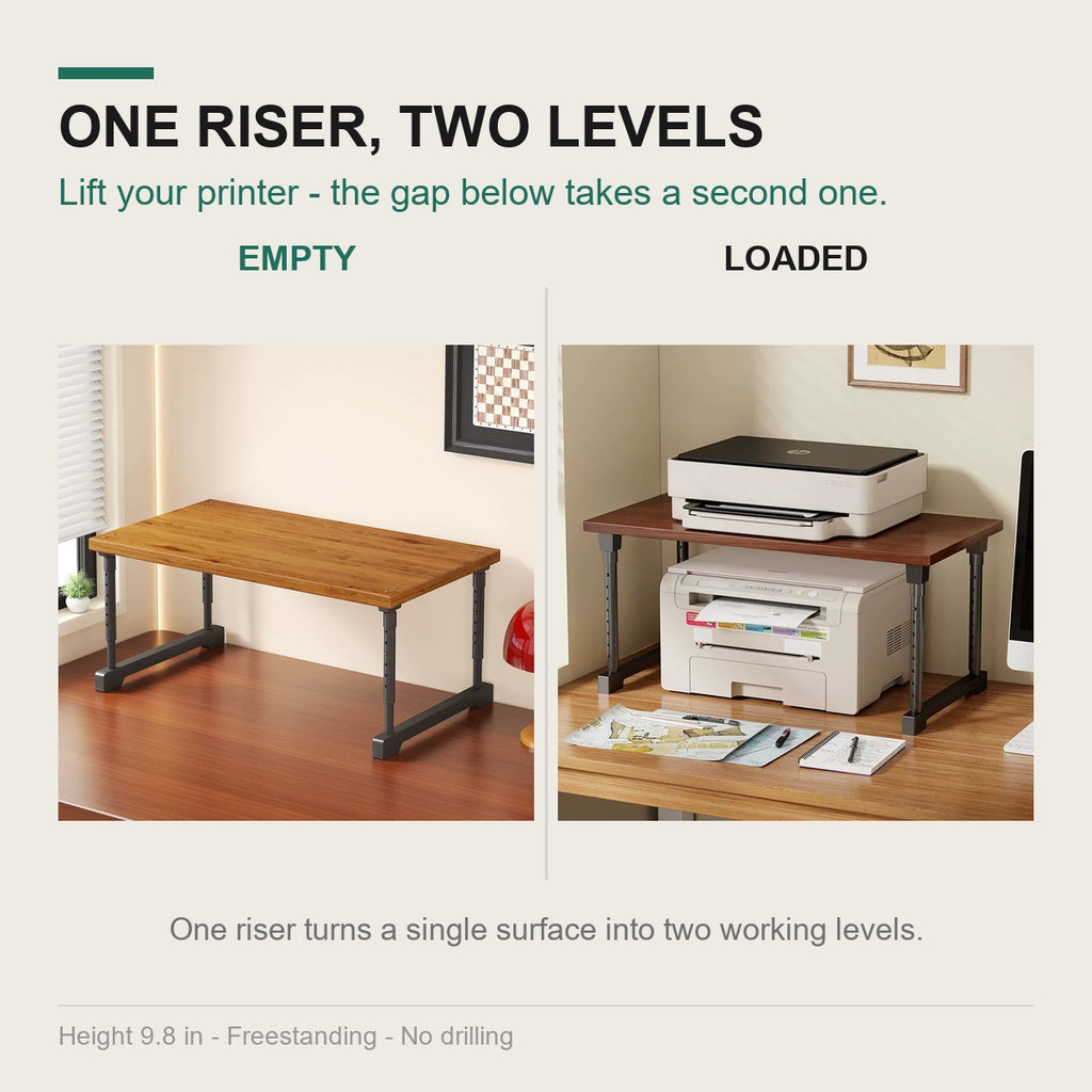Empty riser beside the same riser loaded with a printer on top and a second device below