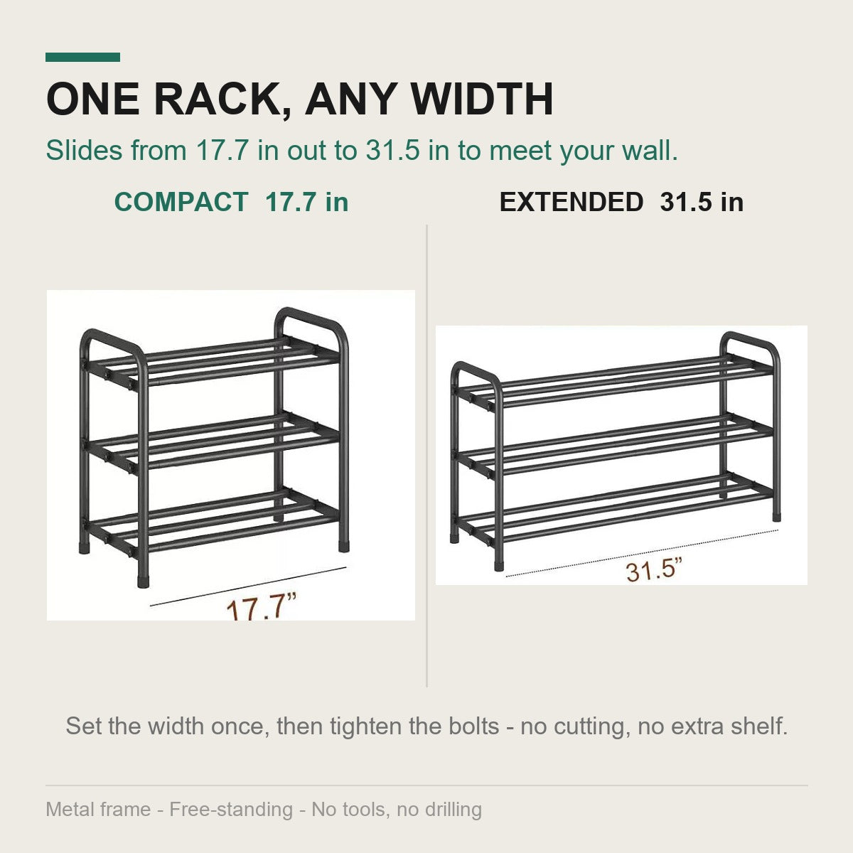 Width comparison: 17.7 in compact and 31.5 in fully extended