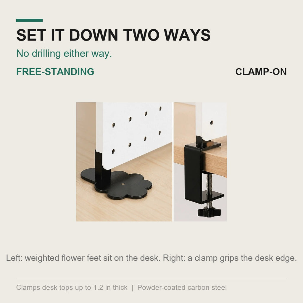 Two base options: a desk-edge clamp base and free-standing cat-paw feet