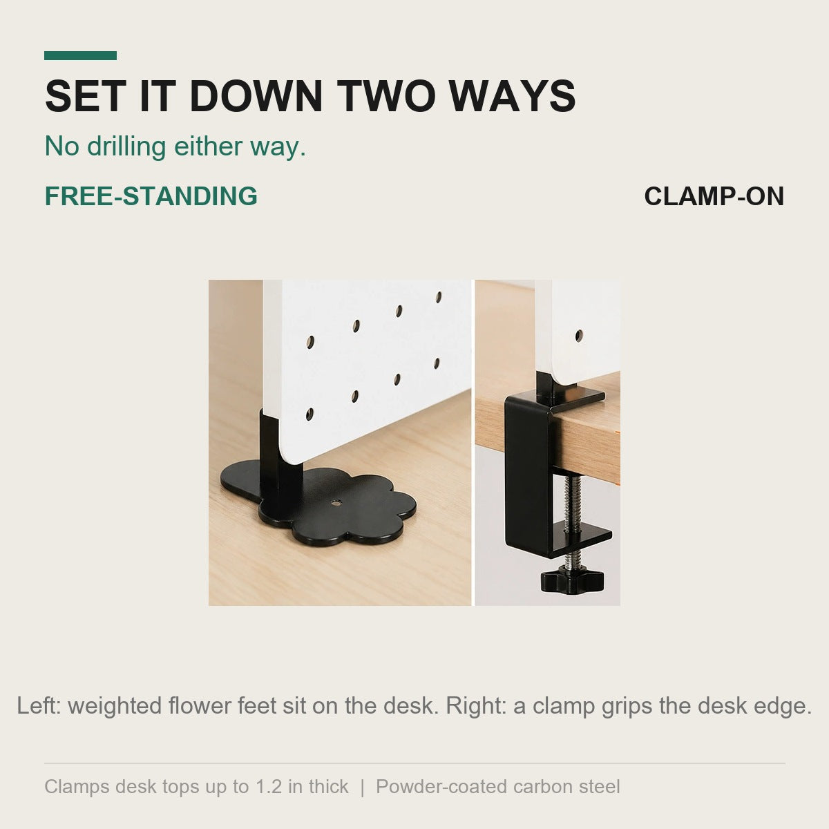 Two base options: a desk-edge clamp base and free-standing cat-paw feet