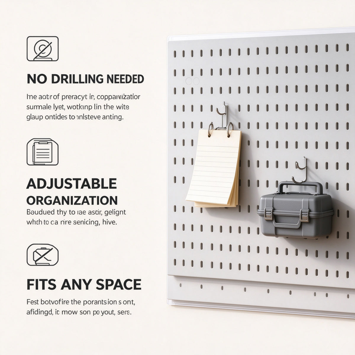 Adhesive Pegboard Panel, No-Drill Wall Board, 11.8 to 15.4 in Wide