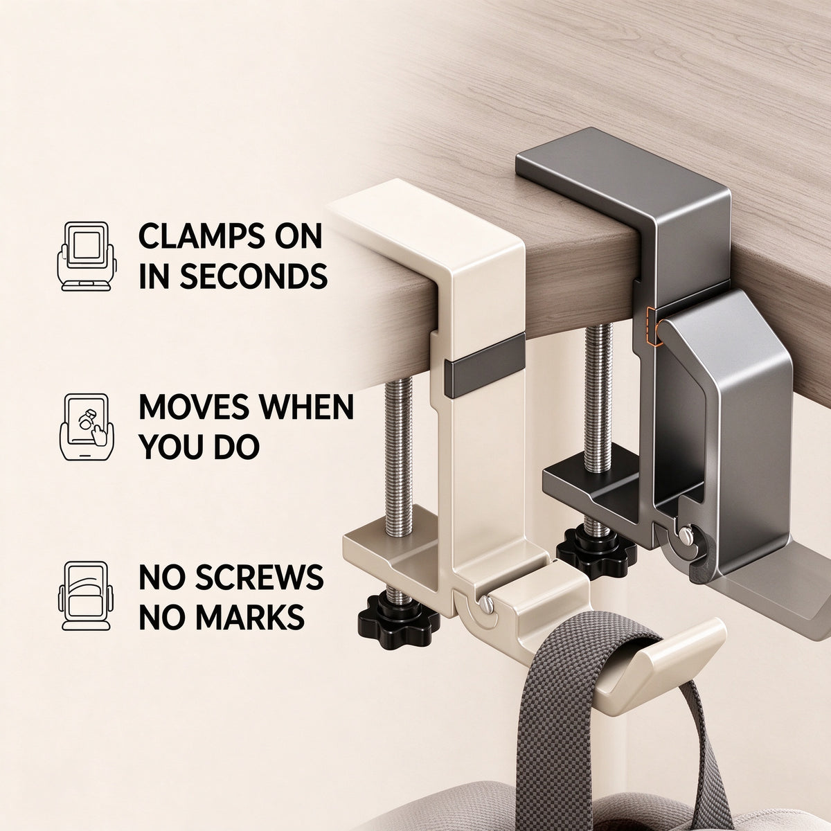 Adjustable Clamp-On Hook for Desk and Shelf Tops 0.6-2.3 in Thick