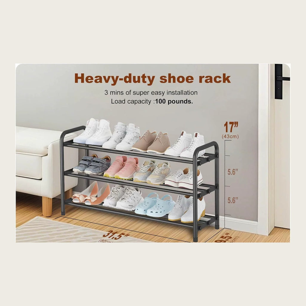 Three tiers, metal frame, 100 lb load rating