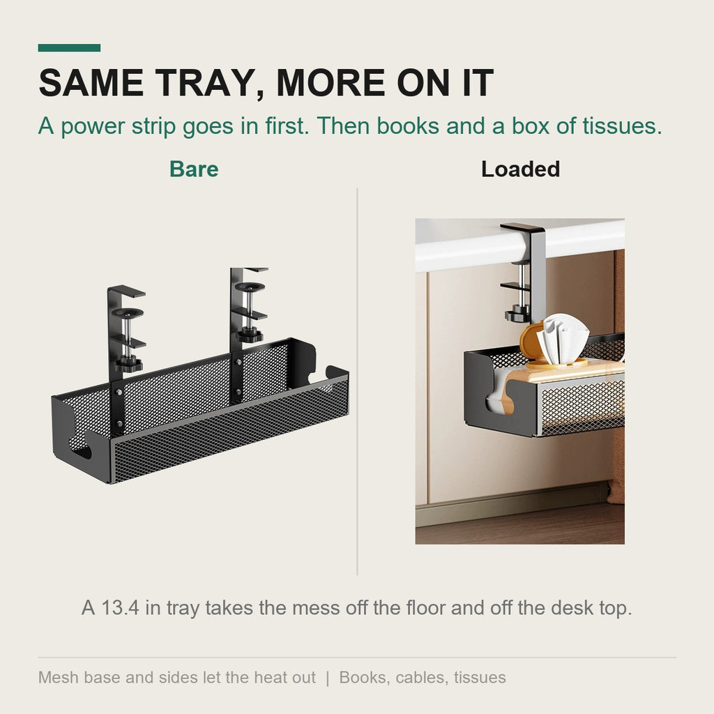The same tray bare and then loaded with a power strip, books and tissues