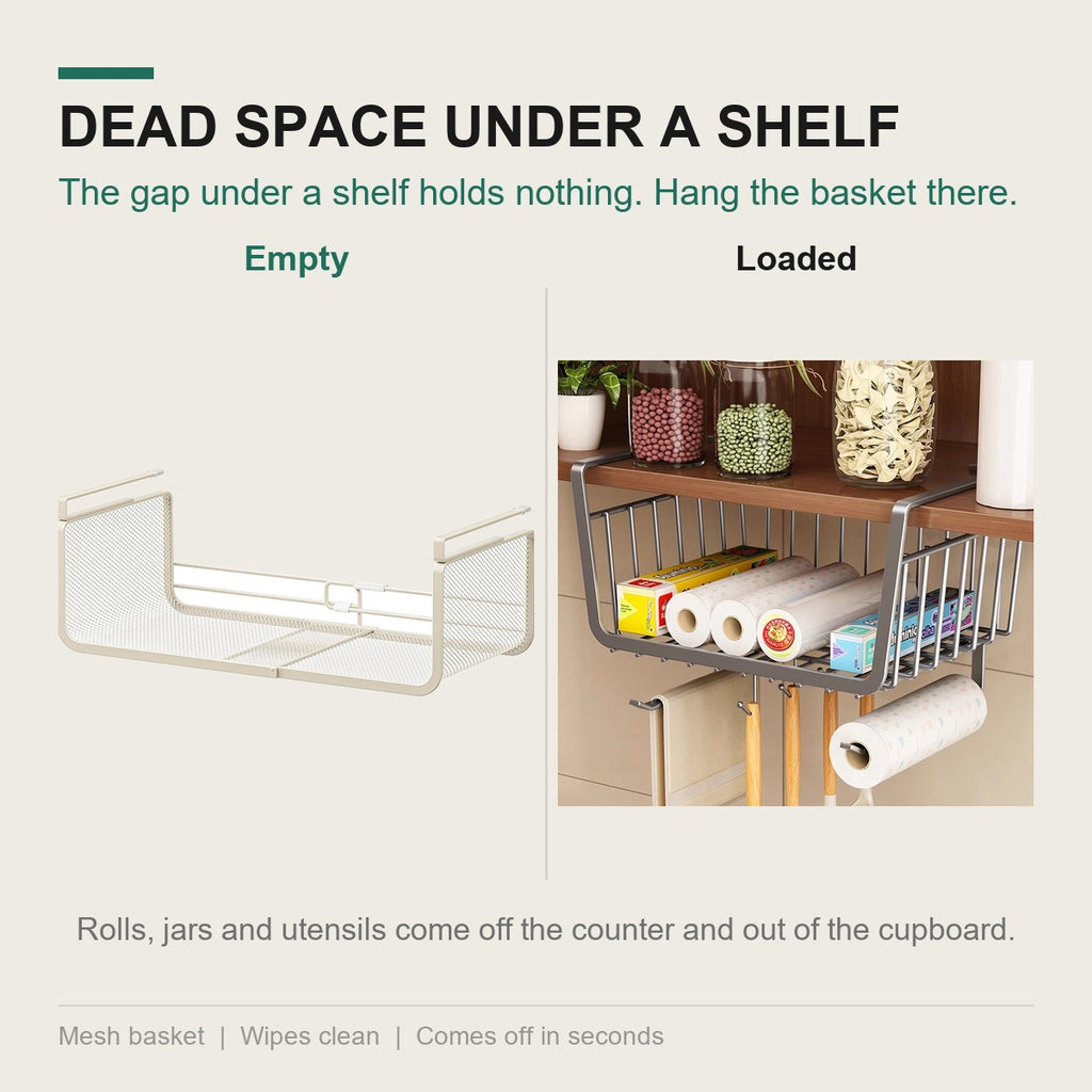 Empty basket beside a loaded one, both hung under a shelf