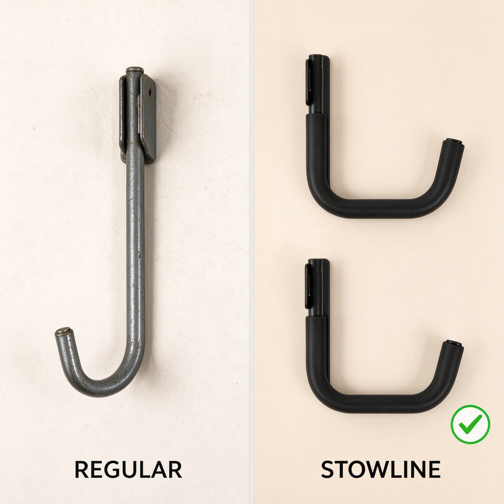 Comparison of a plain steel wall hook and the Stowline kayak hook with foam sleeves