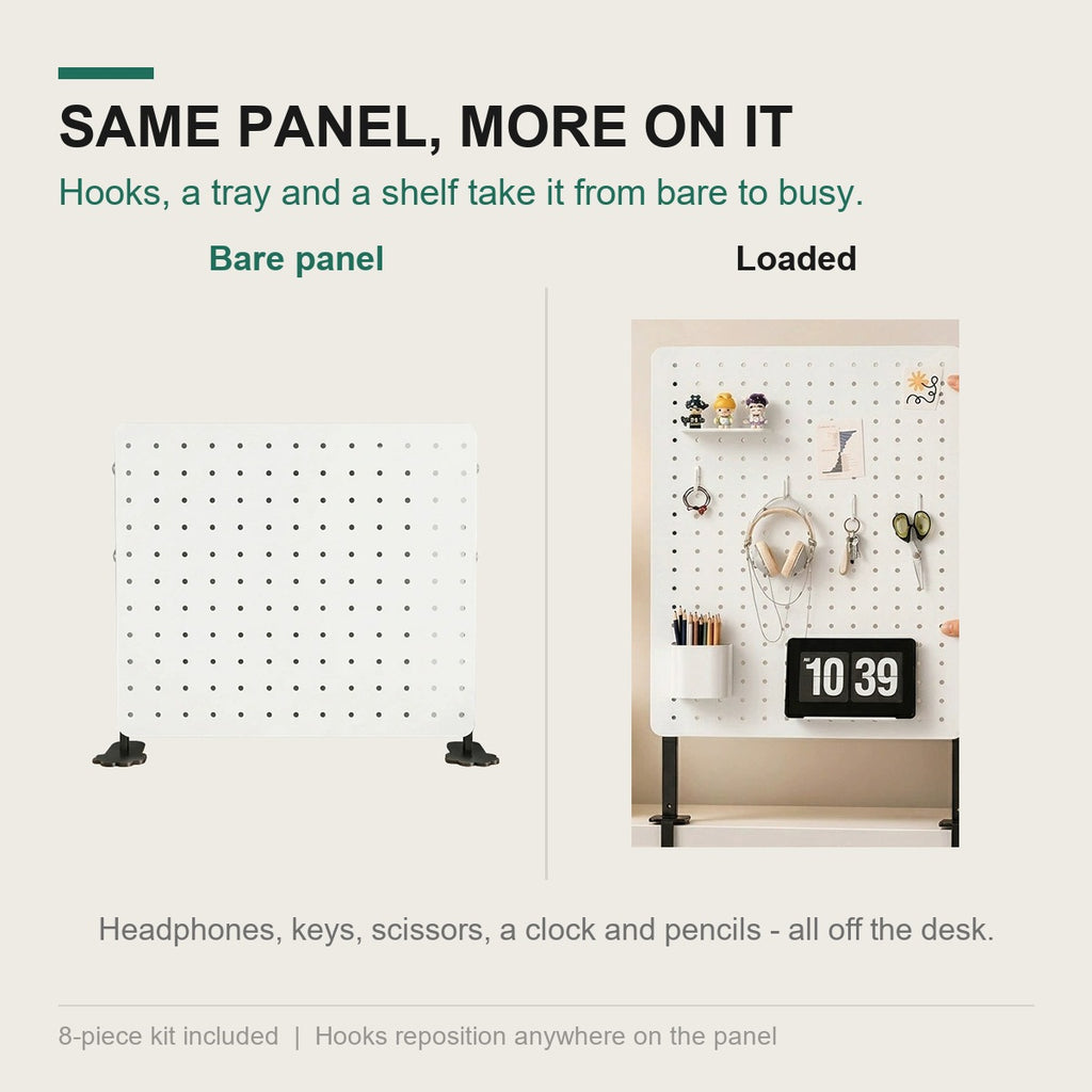 The same panel bare and then loaded with headphones, keys, scissors and a clock